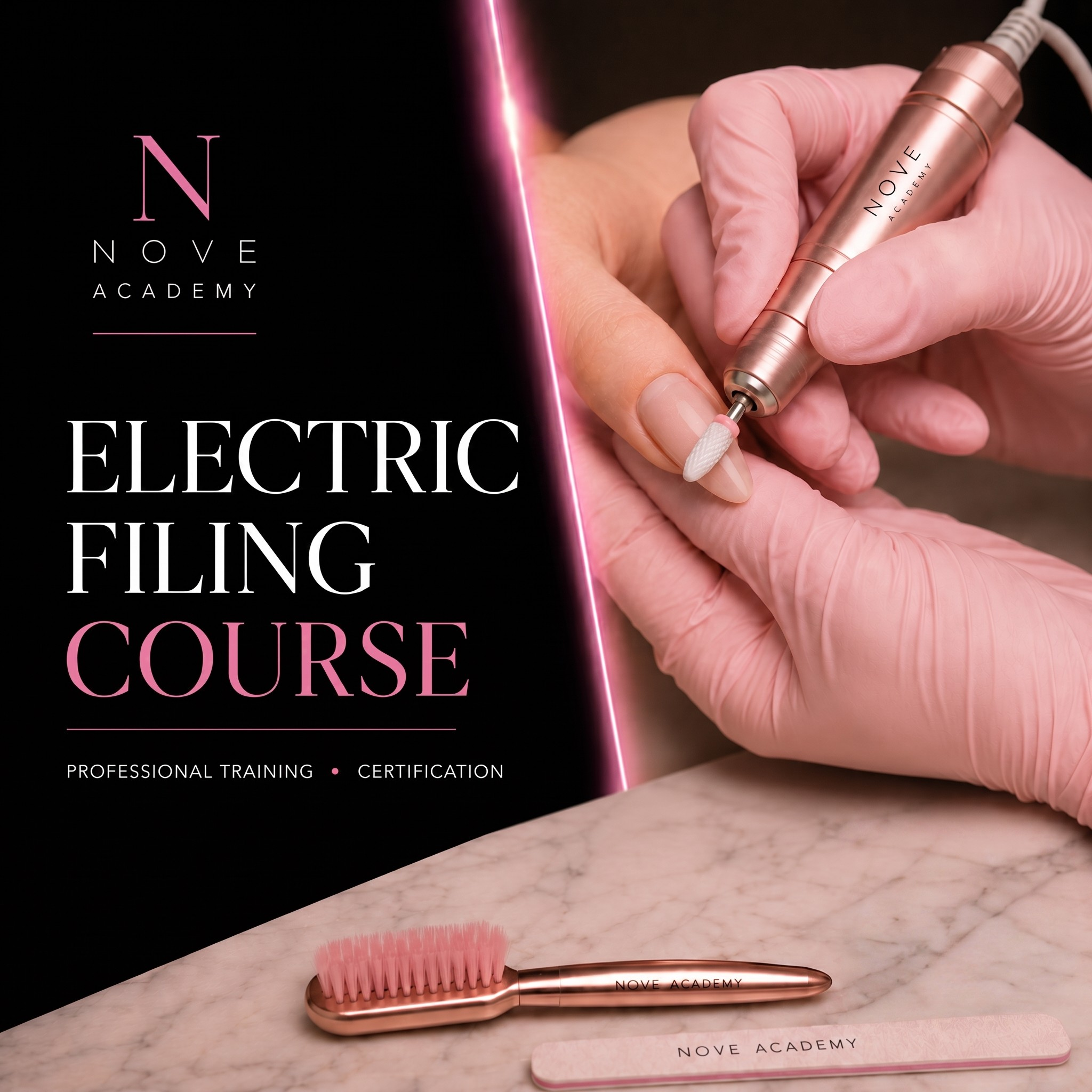 Advertisement for Nove Academy electric filing course with hands using a nail tool on a black background.