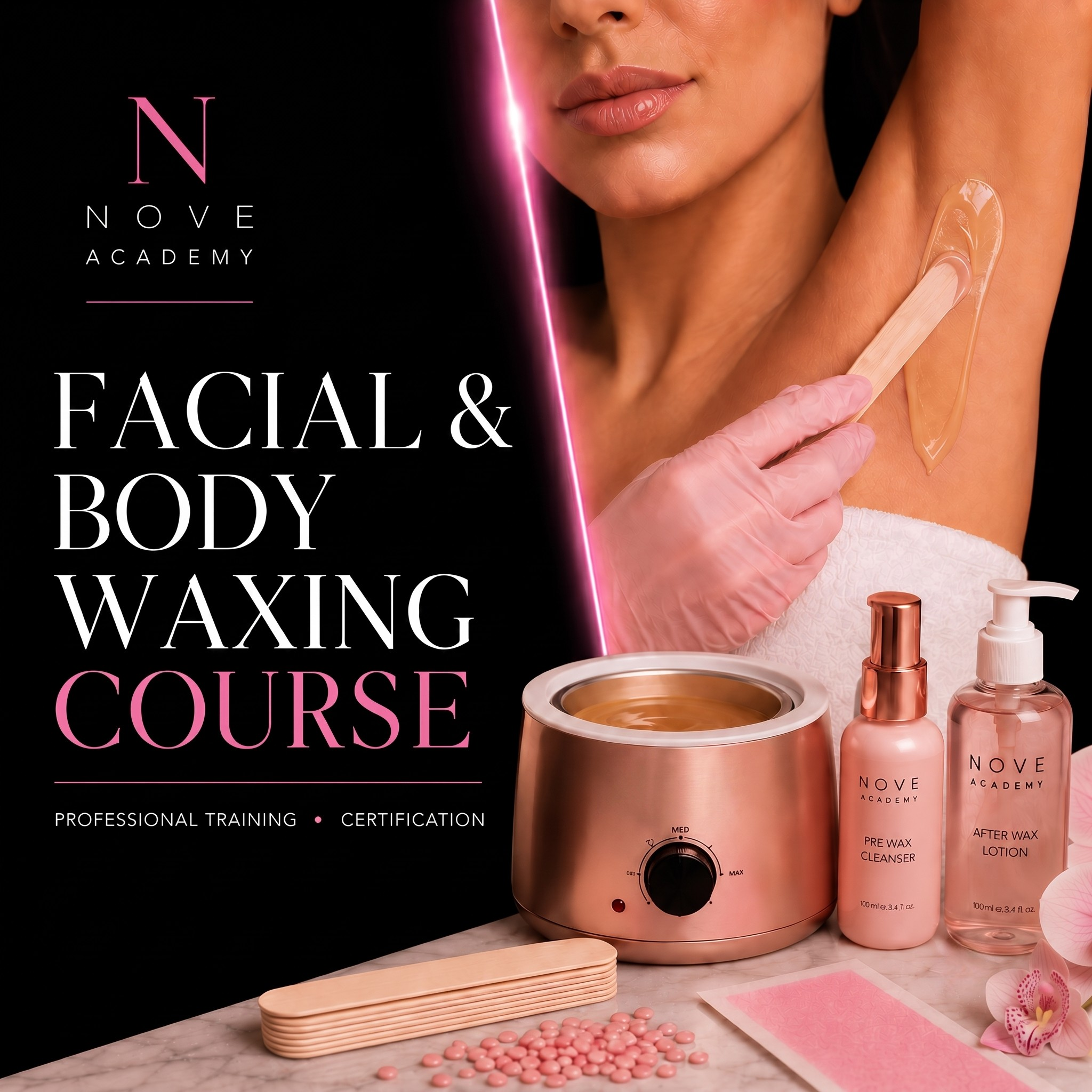 Advertisement for a facial and body waxing course with waxing tools and products on a table.
