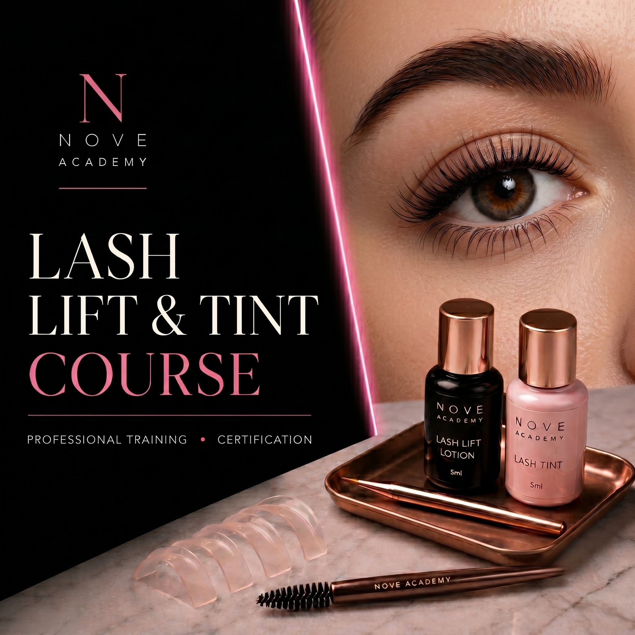 Advertisement for Nove Academy Lash Lift & Tint Course with eye products on a tray.