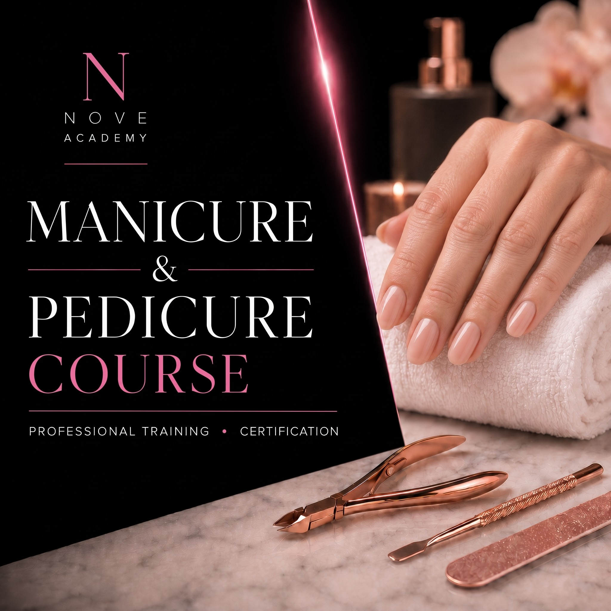 Advertisement for a manicure and pedicure course with hands, tools, and Nove Academy branding.