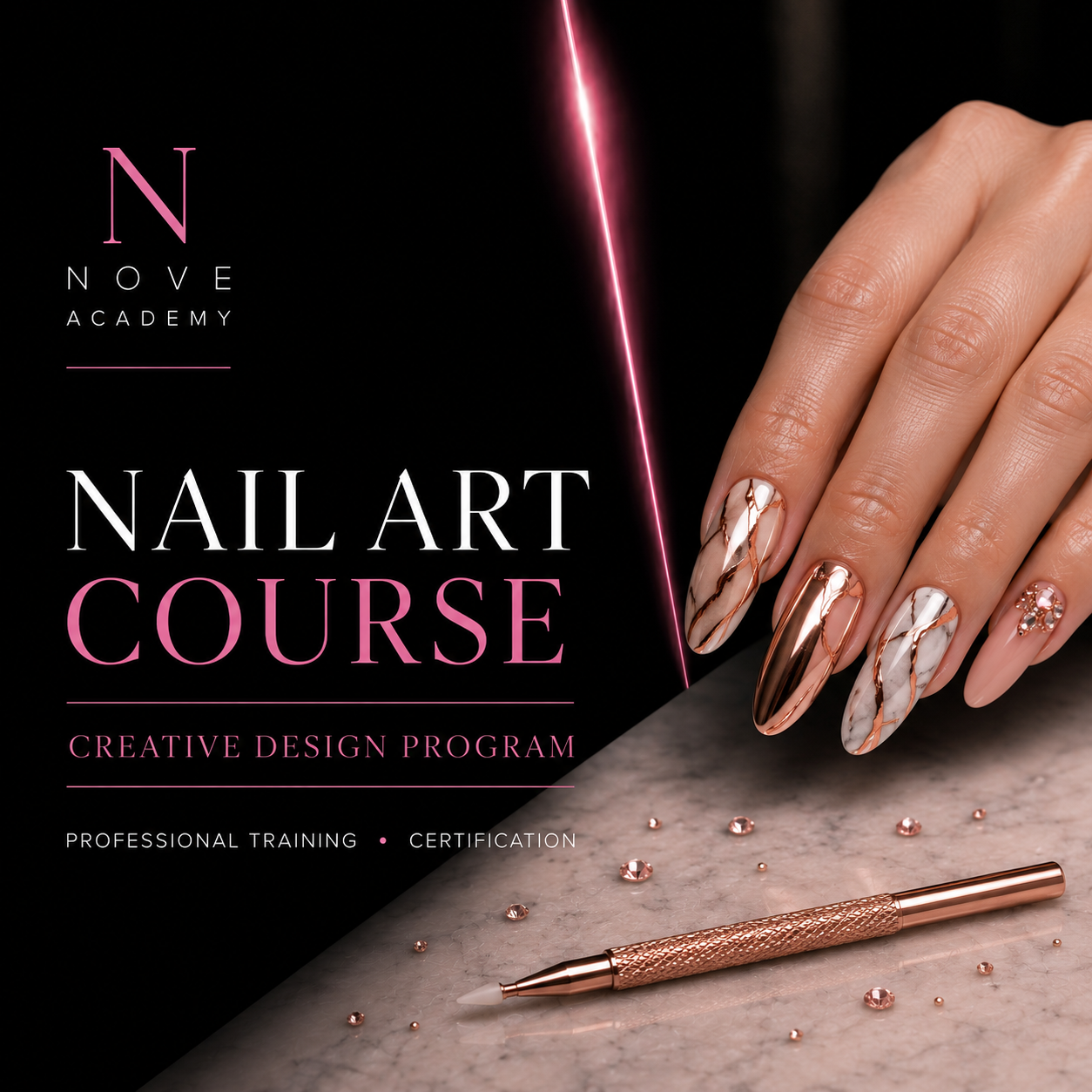 Advertisement for Nove Academy nail art course with a hand and nail art tools on a dark background.