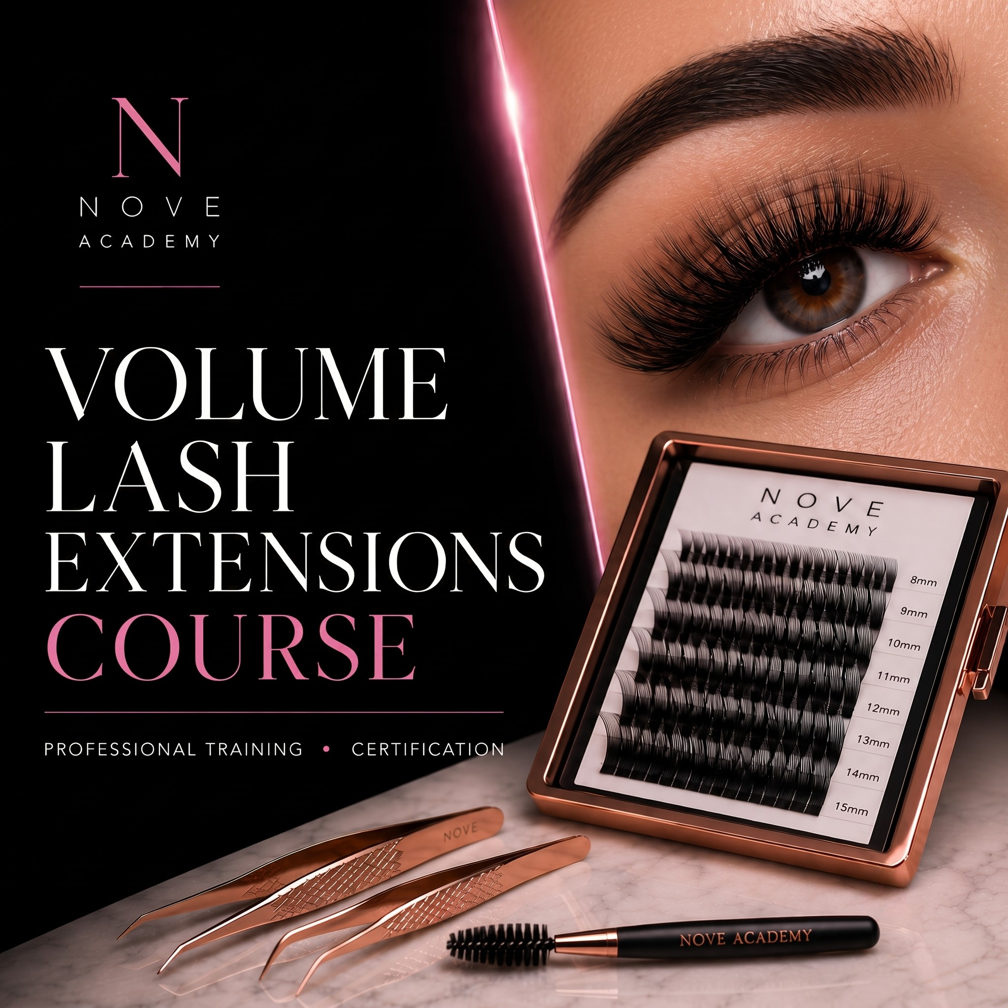 Advertisement for Nove Academy Volume Lash Extensions Course with lash extensions and tools.