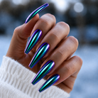 BEMI Oil Slick Chrome shown on long coffin nails