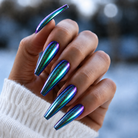 BEMI Oil Slick Holo Chrome shown on long coffin nails