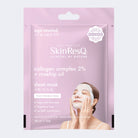 SkinResQ Collagen Complex 2% + Rosehip Oil sheet mask in a pink resealable pouch, featuring a woman applying a white sheet mask on the front packaging.