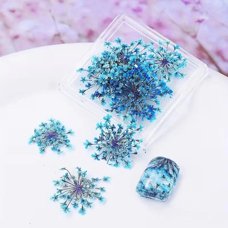 Transparent resin mold with blue and purple flower-like shapes on a light pink background