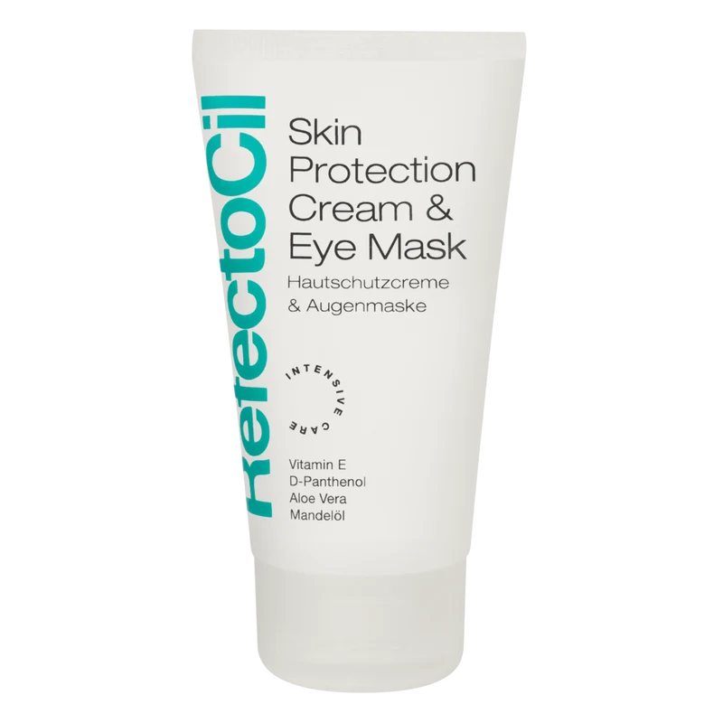 A white squeeze tube of HeringtoCil Skin Protection Cream & Eye Mask with black text and a vertical teal brand name on a plain white background.