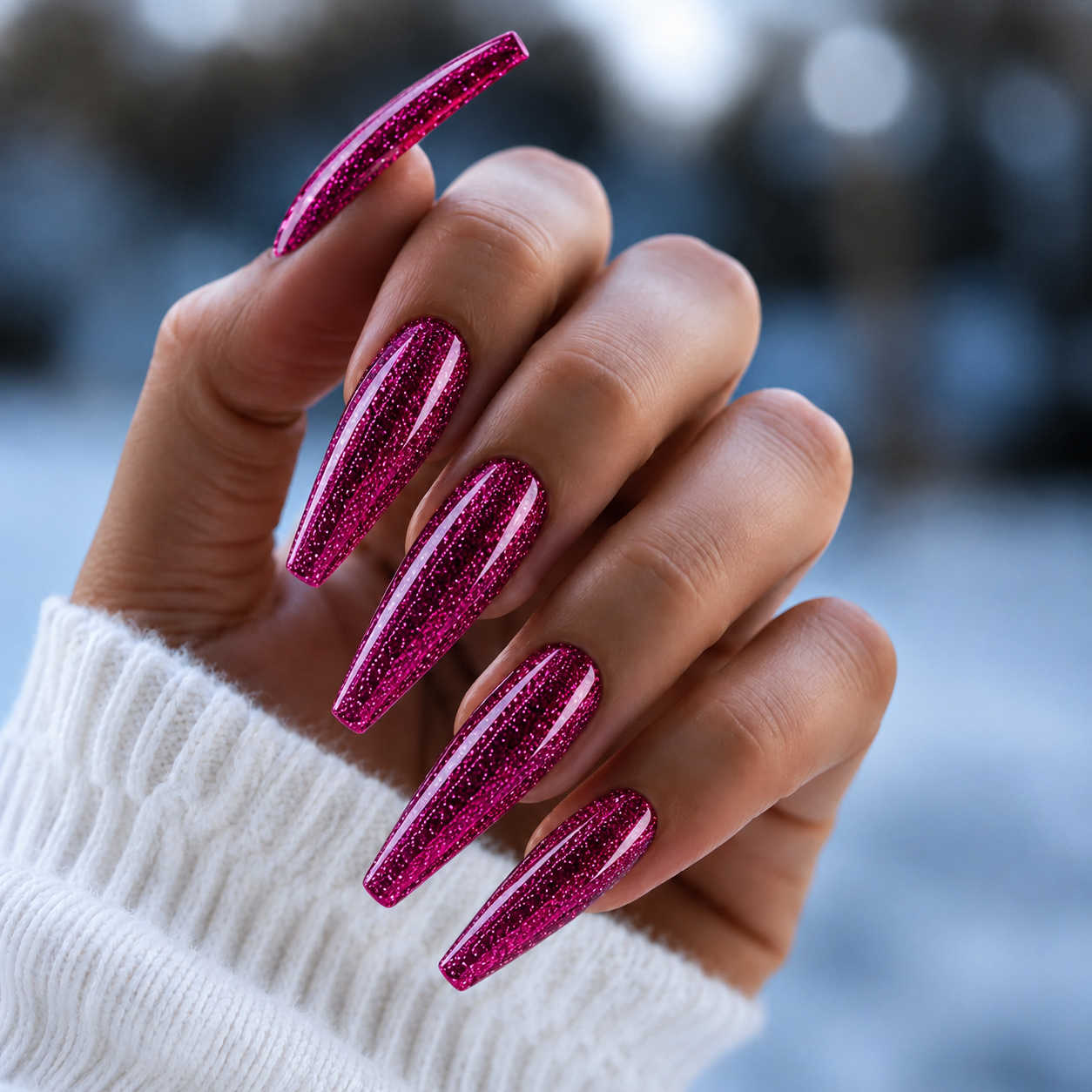BEMI Metal Leaf Gel - Raspberry - 5ml shown on long coffin nails