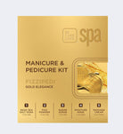 A gold-colored box for a Fizzipedi Manicure & Pedicure Kit by Be Care Love Spa, featuring five included steps: Dead Sea Salt Soak, Fizz Powder, Sugar Scrub, Moisture Mask, and Massage Cream.