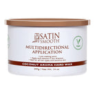 A white plastic jar of Satin Smooth Multidirectional Application Coconut Aroma Hard Wax, featuring a brown lid and brown text on the label, set against a plain white background.