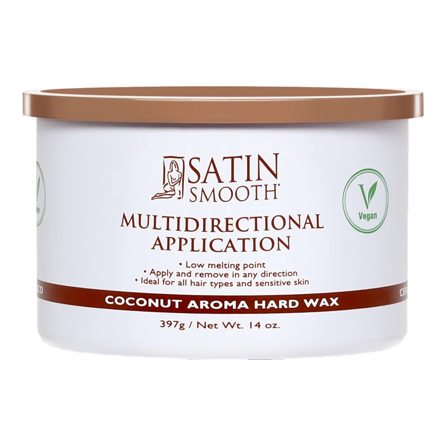 A white plastic jar of Satin Smooth Multidirectional Application Coconut Aroma Hard Wax, featuring a brown lid and brown text on the label, set against a plain white background.