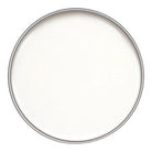 A top-down view of a round, off-white paint can with a metallic silver rim on a solid white background.