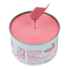 Can of Satin Smooth Deluxe Crystal Wax with pink wax and spatula on a white background