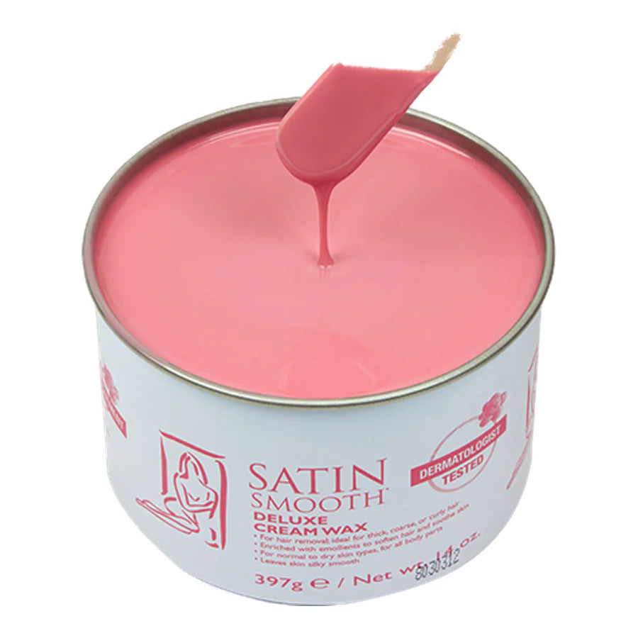 Can of Satin Smooth Deluxe Crystal Wax with pink wax and spatula on a white background