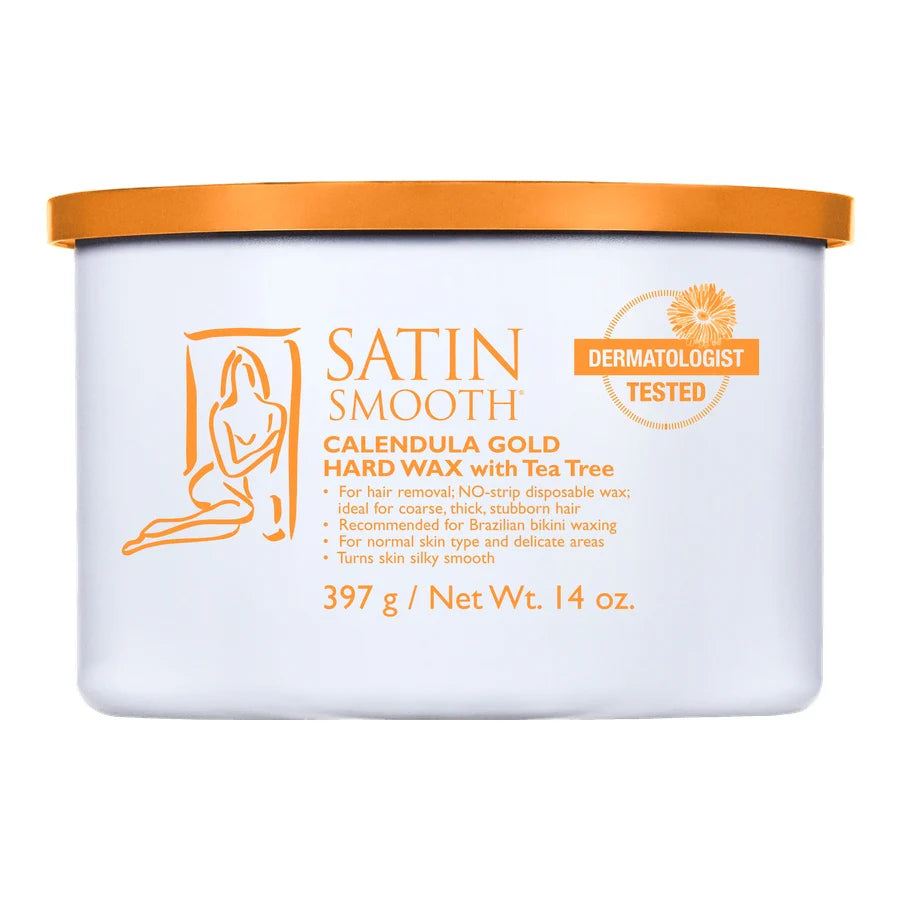 Satin Smooth Calendula Gold Hard Wax with Tea Tree container on a white background