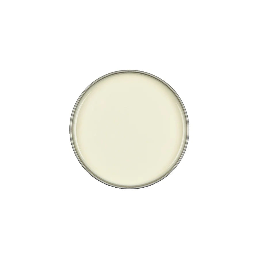 A round, top-down view of a light cream or off-white paint can against a solid white background.