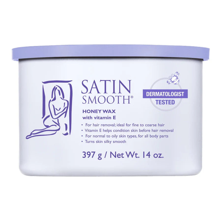 Jar of Satin Smooth honey wax with vitamin E on a white background