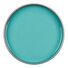 A round turquoise blue plate with a thin silver rim, shown from a top-down view on a white background.