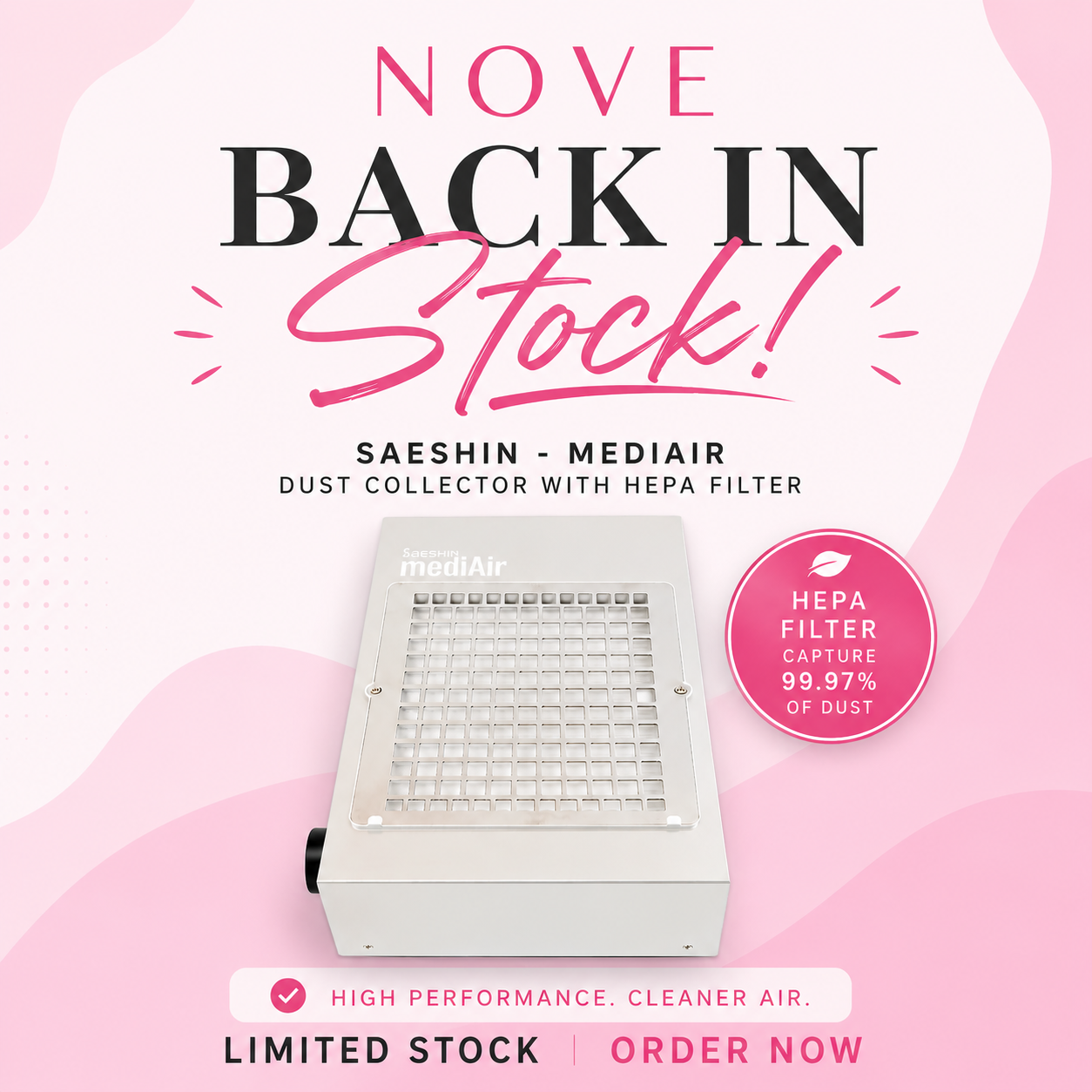 Saeshin Mediair dust collector with HEPA filter on a pink background with promotional text.
