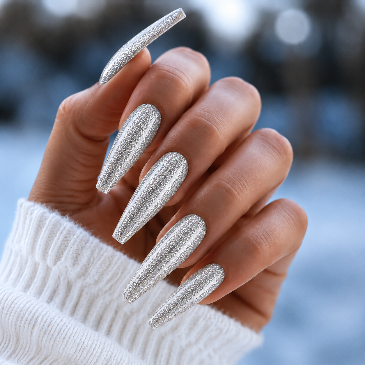 BEMI Metal Leaf Gel - Silver - 5ml shown on long coffin nails