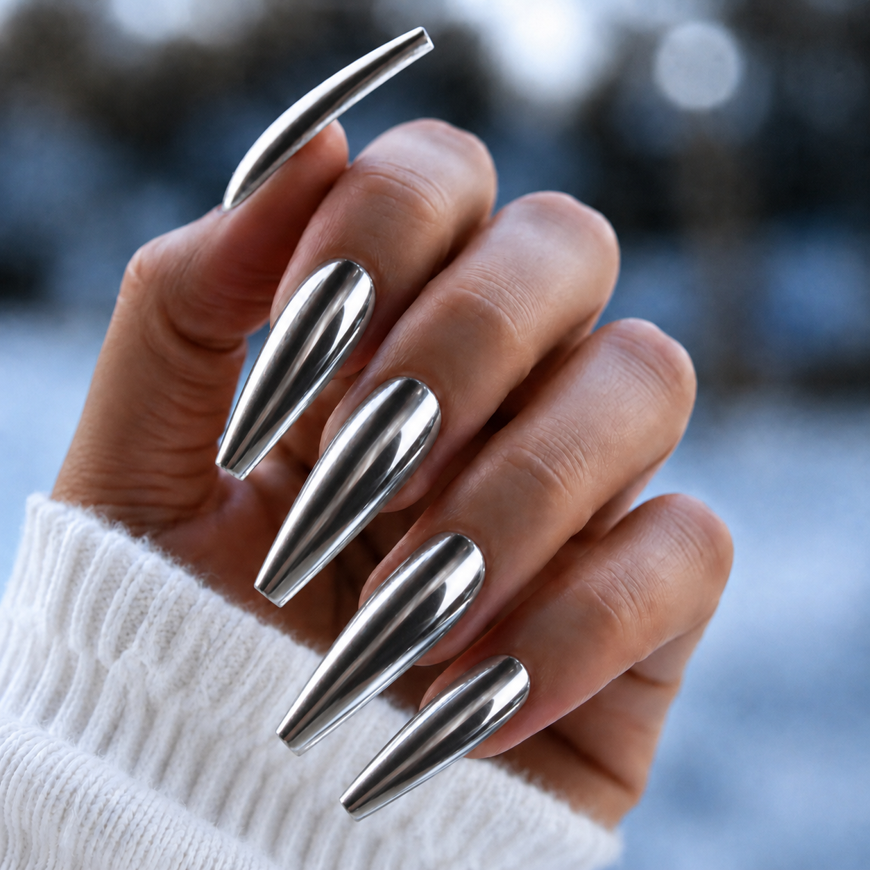 BEMI Silver Mirror Chrome shown on long coffin nails
