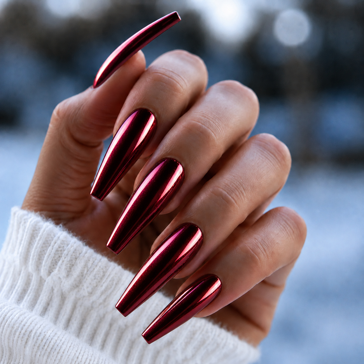 BEMI Siren Chrome shown on long coffin nails