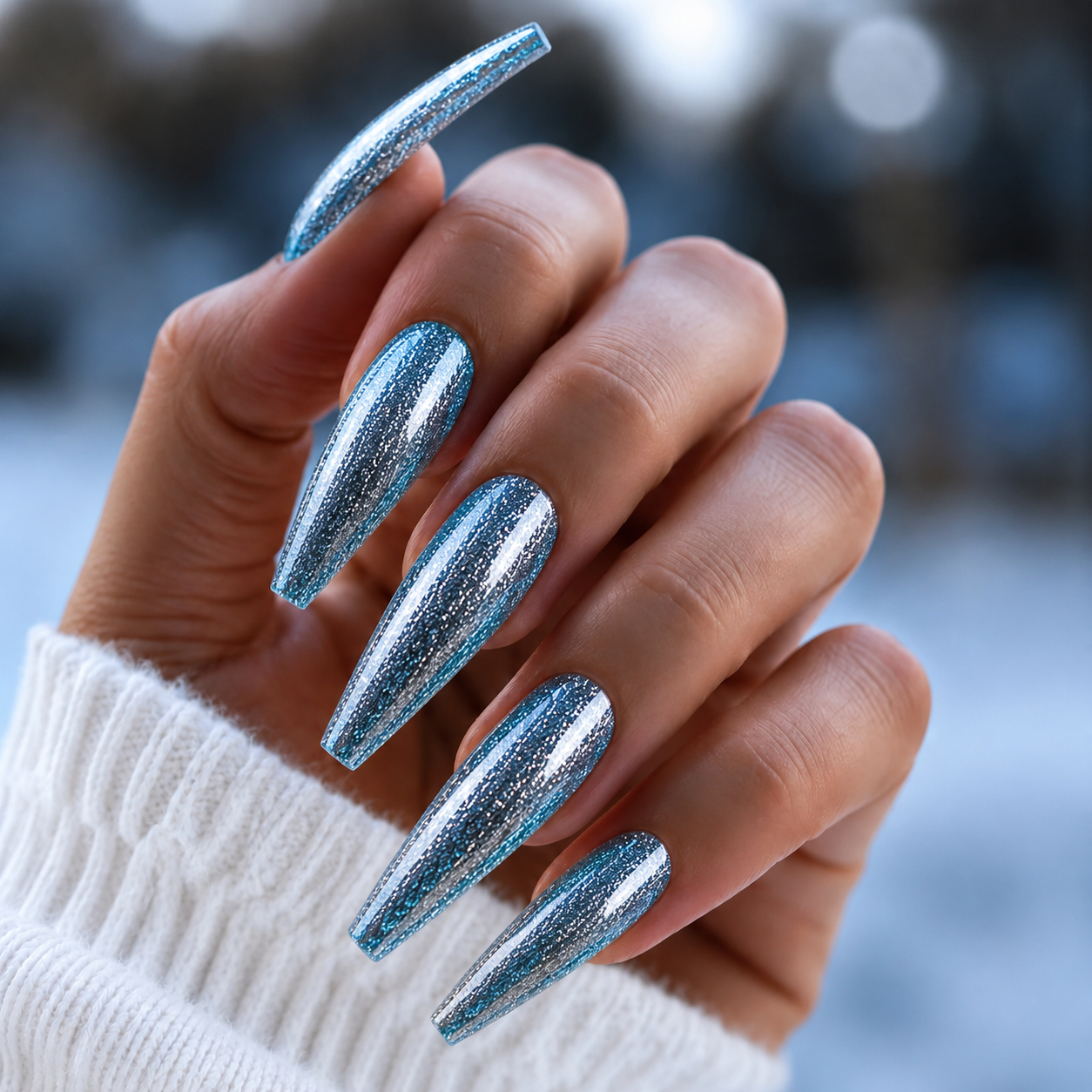 BEMI Metal Leaf Gel - Sky - 5ml shown on long coffin nails