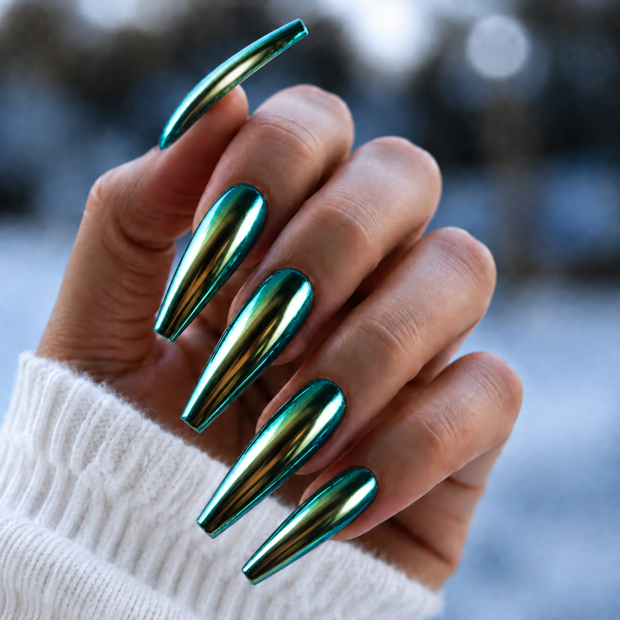 BEMI Supernova Chrome shown on long coffin nails