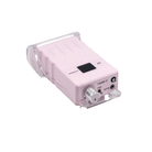 A pink portable electronic device with a clear protective case, featuring a rotary knob, power buttons, and a small display screen, photographed on a light gray background.