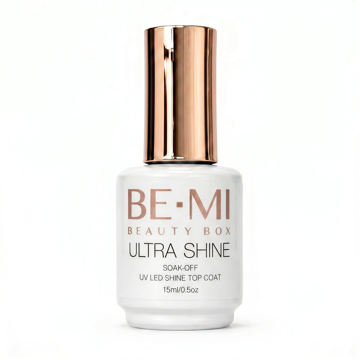BEMI Ultra Shine Top Coat - 15mL gel polish bottle and colour swatches