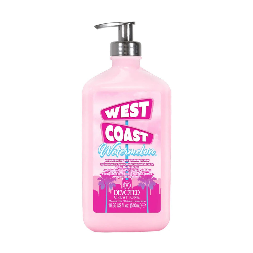 Pink bottle of West Coast Watermelon body wash with pump on a white background