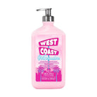 Pink bottle of West Coast Watermelon body wash with pump on a white background