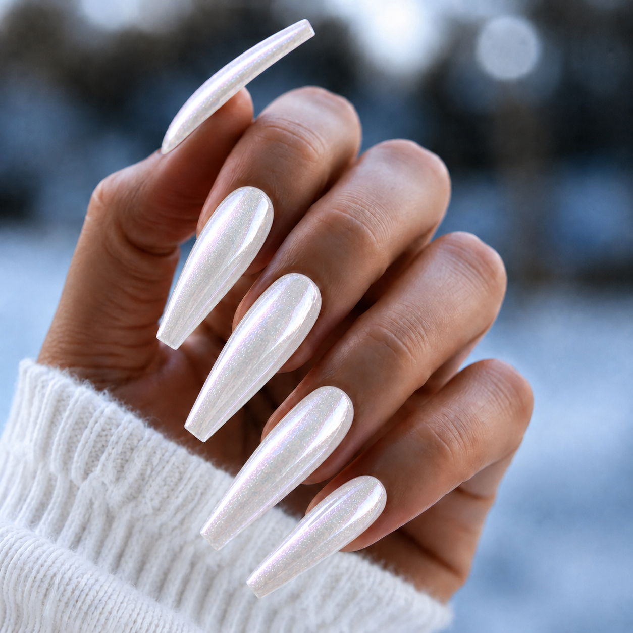 BEMI White Pearl Chrome shown on long coffin nails