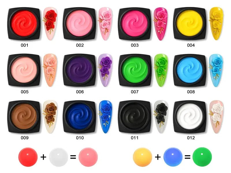 A color chart showing 12 different gel nail polish colors, each displayed in a black square pot with a decorative nail tip sample and a number underneath (001 to 012). The colors include red, pink, rose, yellow, peach, purple, green, blue, brown, black, and white.