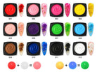 A color chart showing 12 different gel nail polish colors, each displayed in a black square pot with a decorative nail tip sample and a number underneath (001 to 012). The colors include red, pink, rose, yellow, peach, purple, green, blue, brown, black, and white.