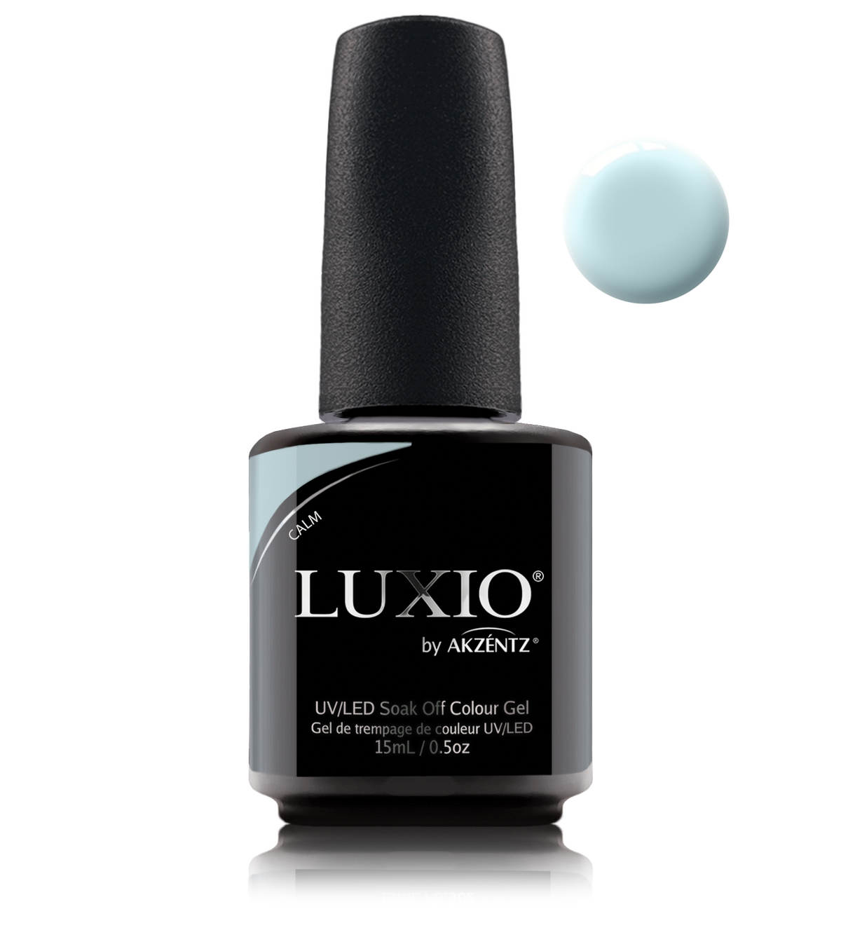 Akzentz Luxio Calm 15 mL color gel bottle with matching small round color swatch