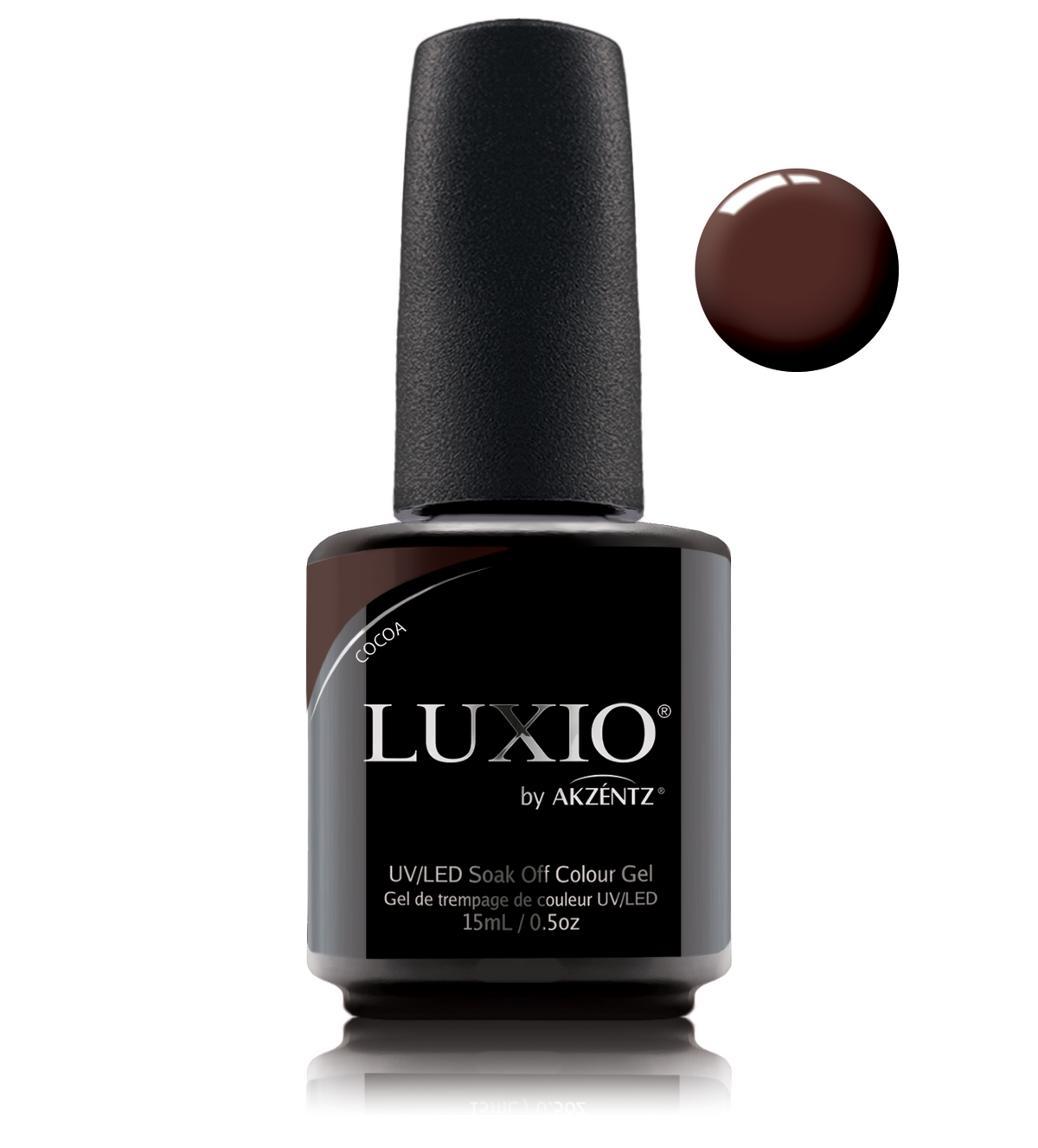 Akzentz Luxio Cocoa 15 mL color gel bottle with swatch