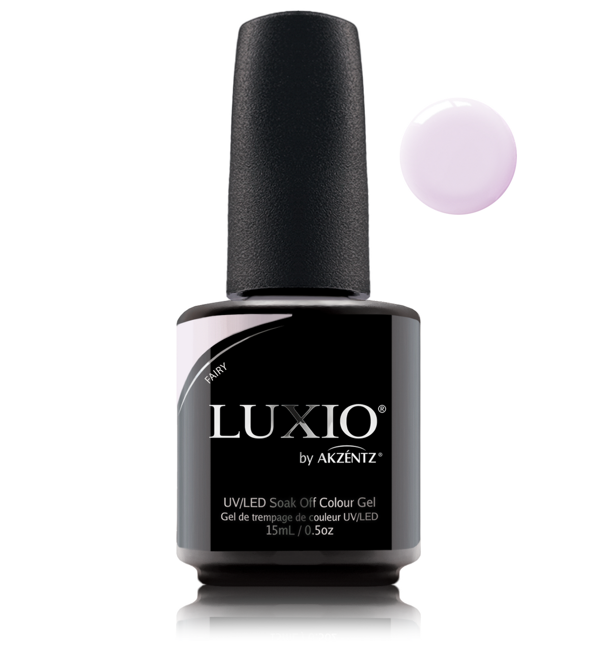 Akzentz Luxio Fairy 15 mL color gel bottle with matching small round color swatch