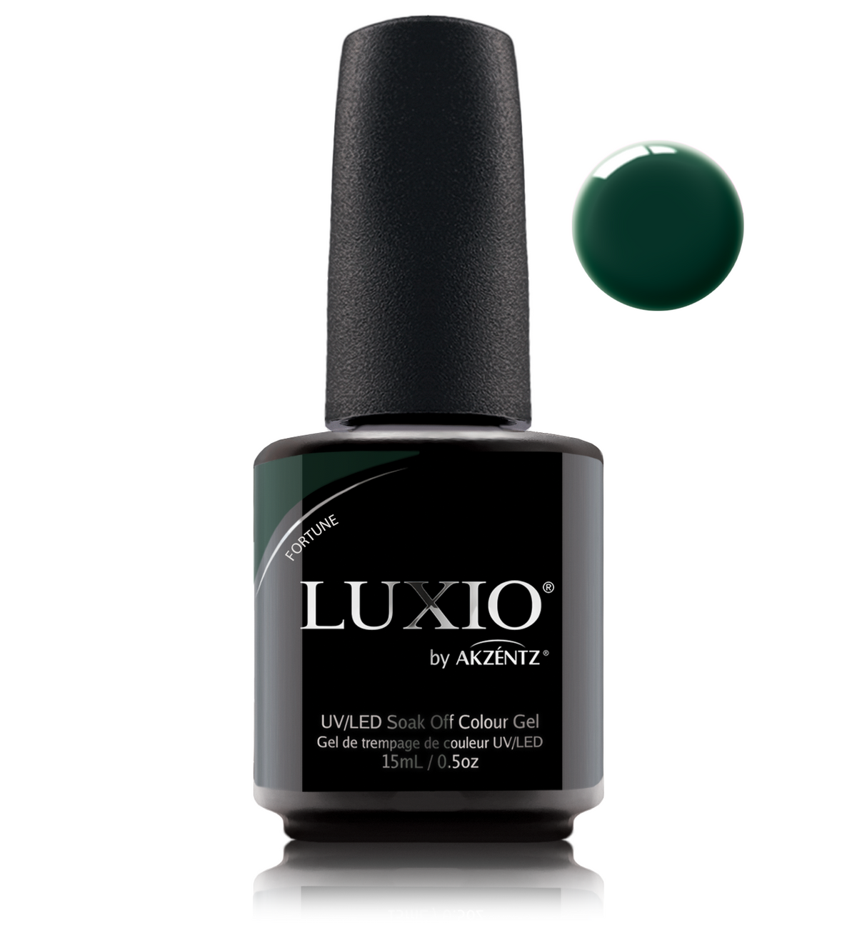 Akzentz Luxio Fortune 15 mL color gel bottle with matching small round color swatch