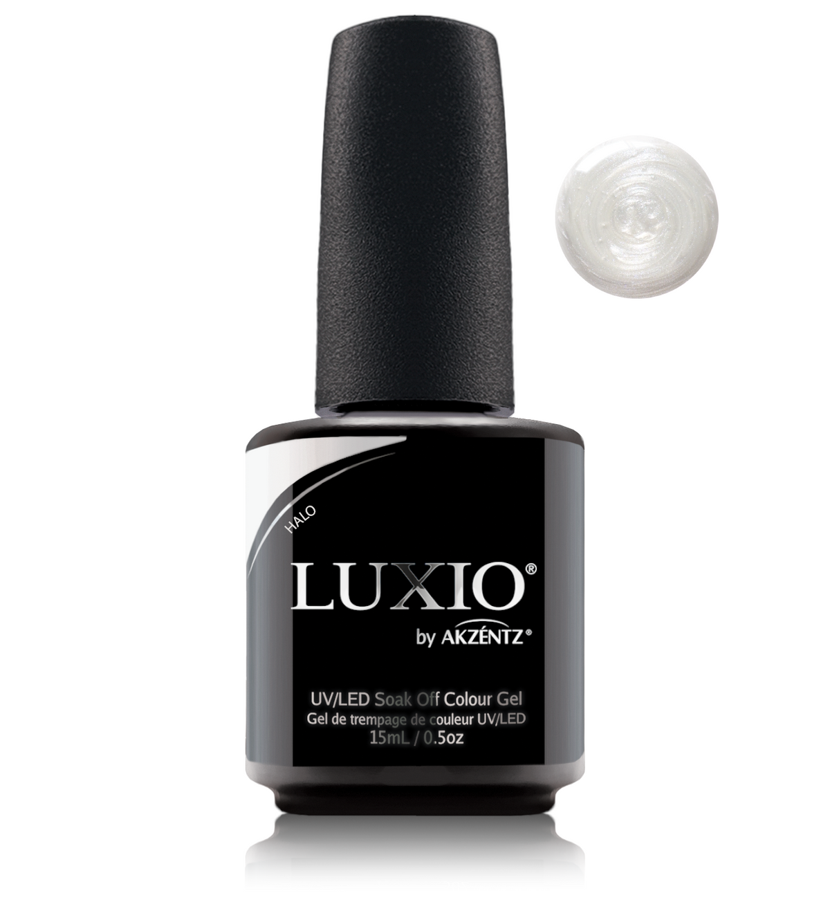 Akzentz Luxio Halo 15 mL gel bottle with color swatch