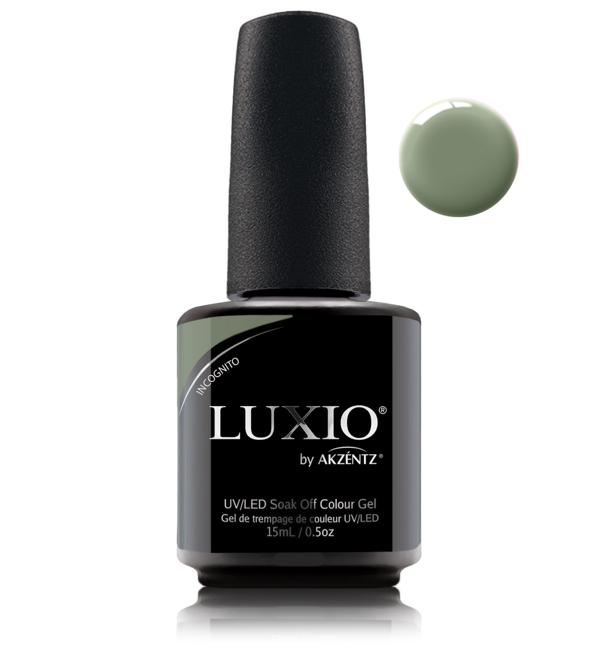 Akzentz Luxio Incognito 15 mL color gel bottle with matching small round color swatch