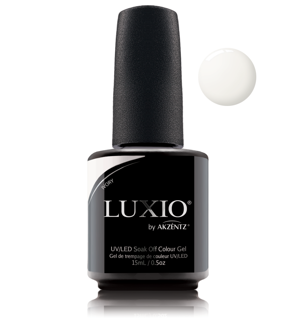 Akzentz Luxio Ivory 15 mL color gel bottle with matching small round color swatch