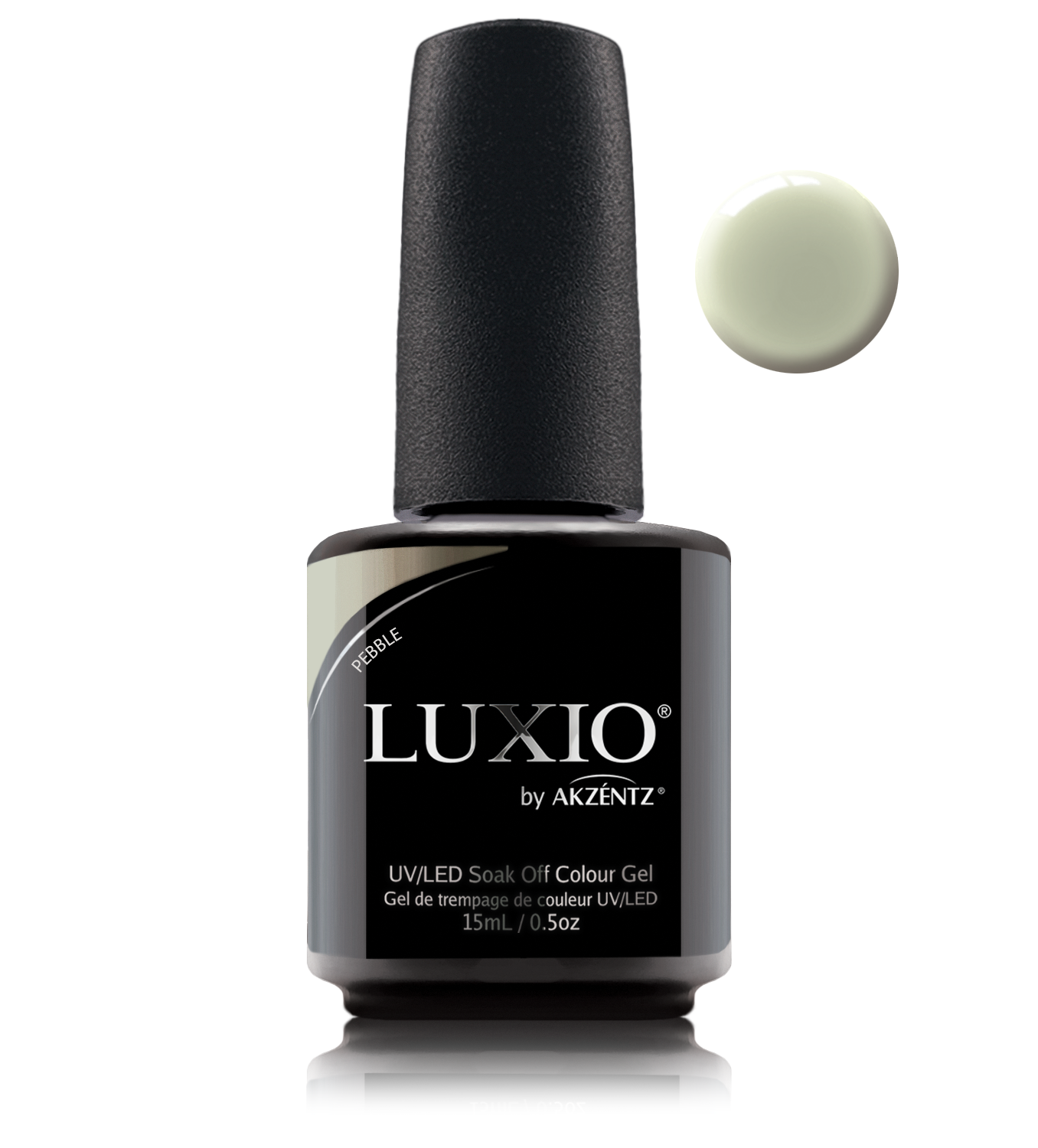 Akzentz Luxio Pebble 15 mL color gel bottle with matching small round color swatch