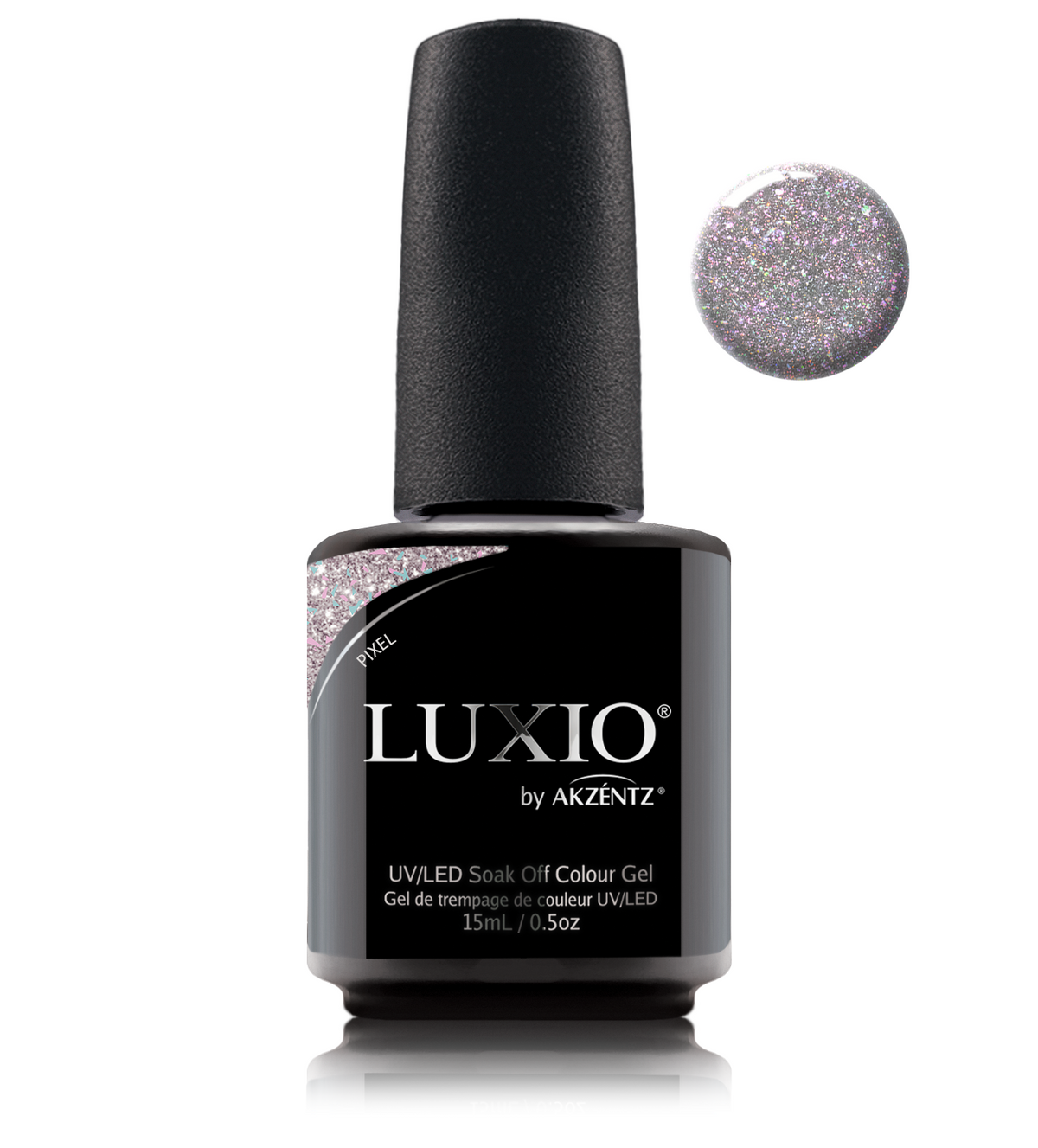 Akzentz Luxio Pixel 15 mL color gel bottle with matching small round color swatch