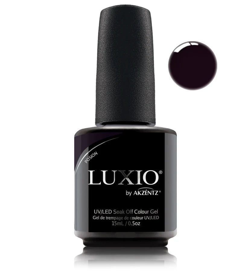 Akzentz Luxio Poison 15 mL color gel bottle with matching small round color swatch