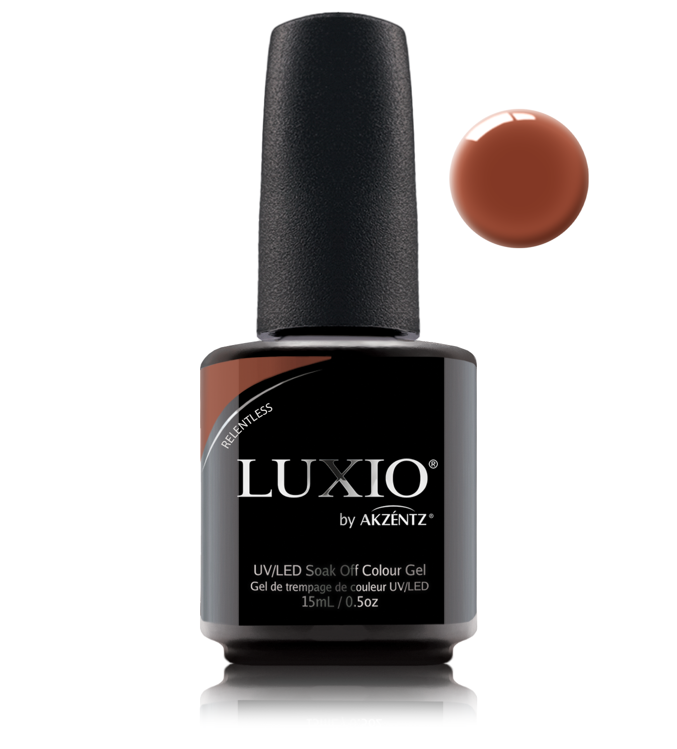 Akzentz Luxio Relentless 15 mL color gel bottle with swatch