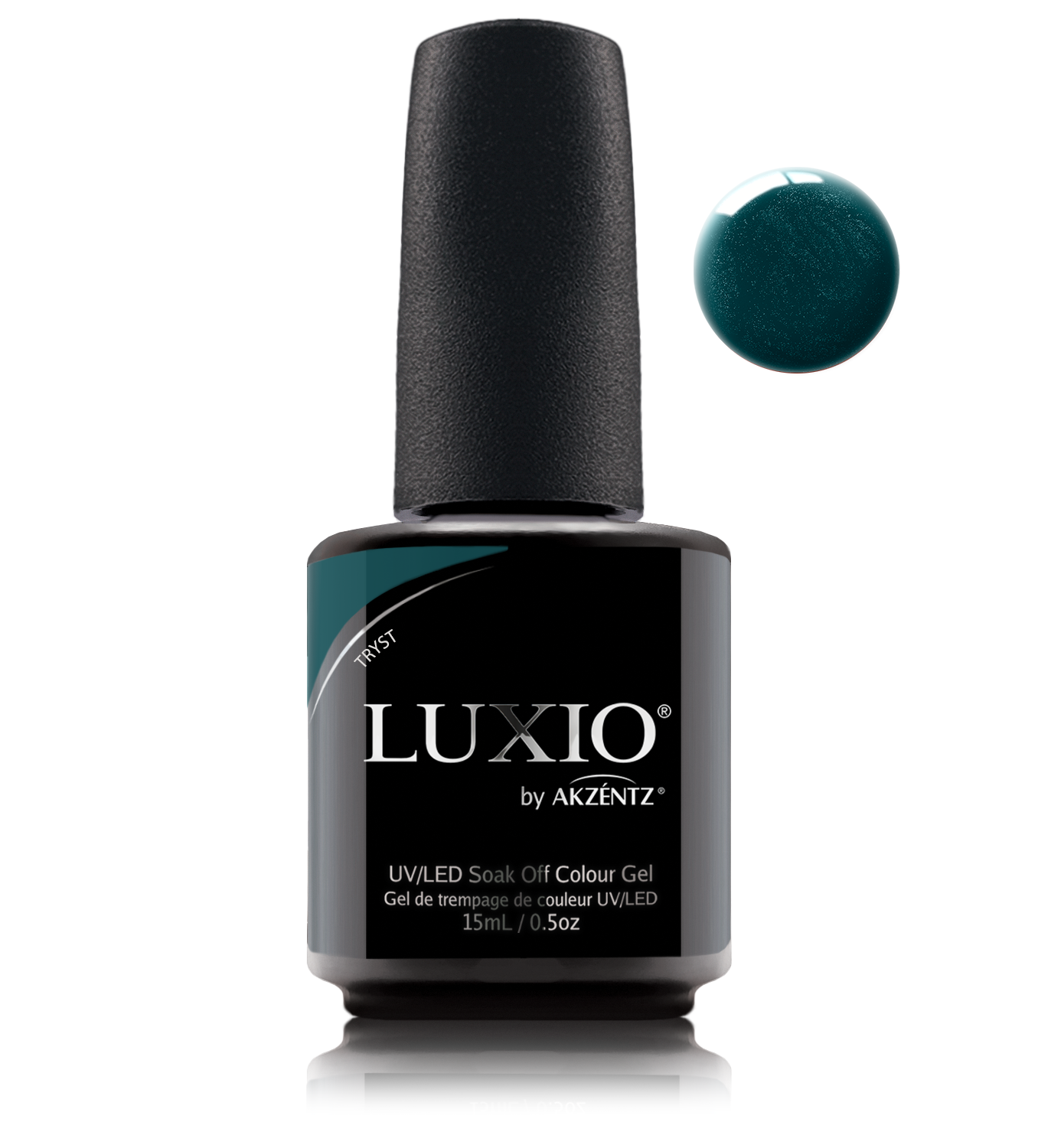 Akzentz Luxio Tryst 15 mL color gel bottle with matching small round color swatch