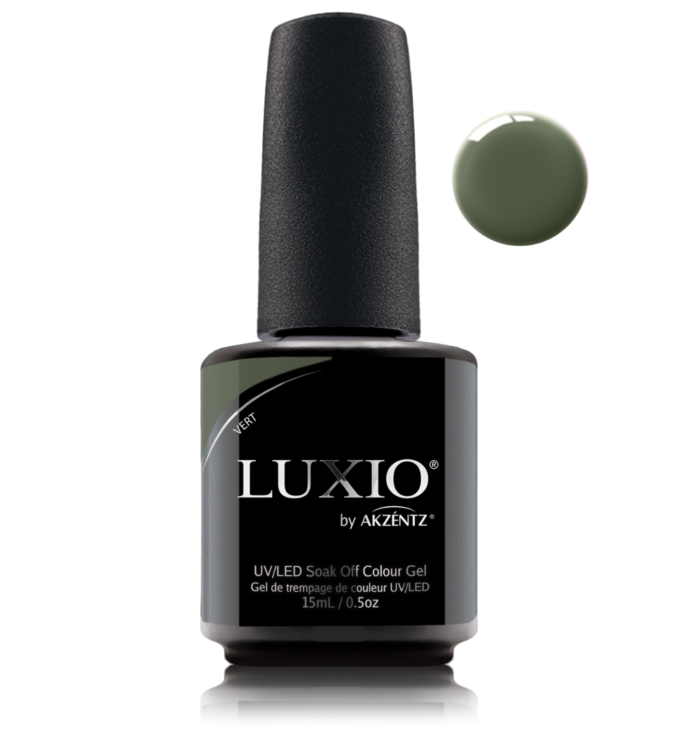 Akzentz Luxio Vert 15 mL color gel bottle with swatch