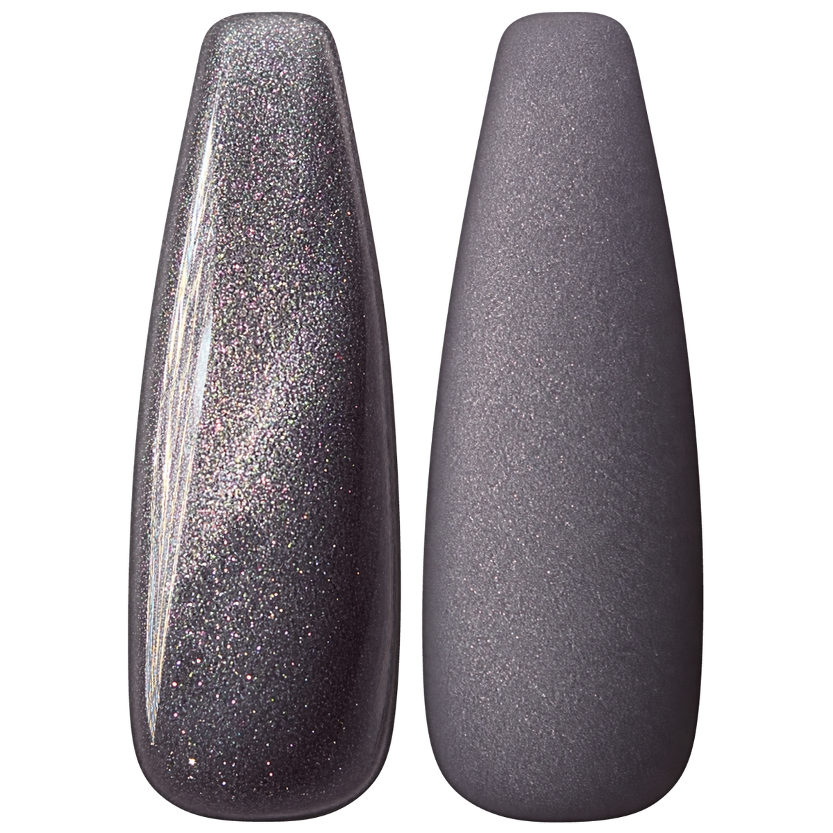 Glossy and matte Cool charcoal gray nail swatches for BEMI Cat Eye Celestial.