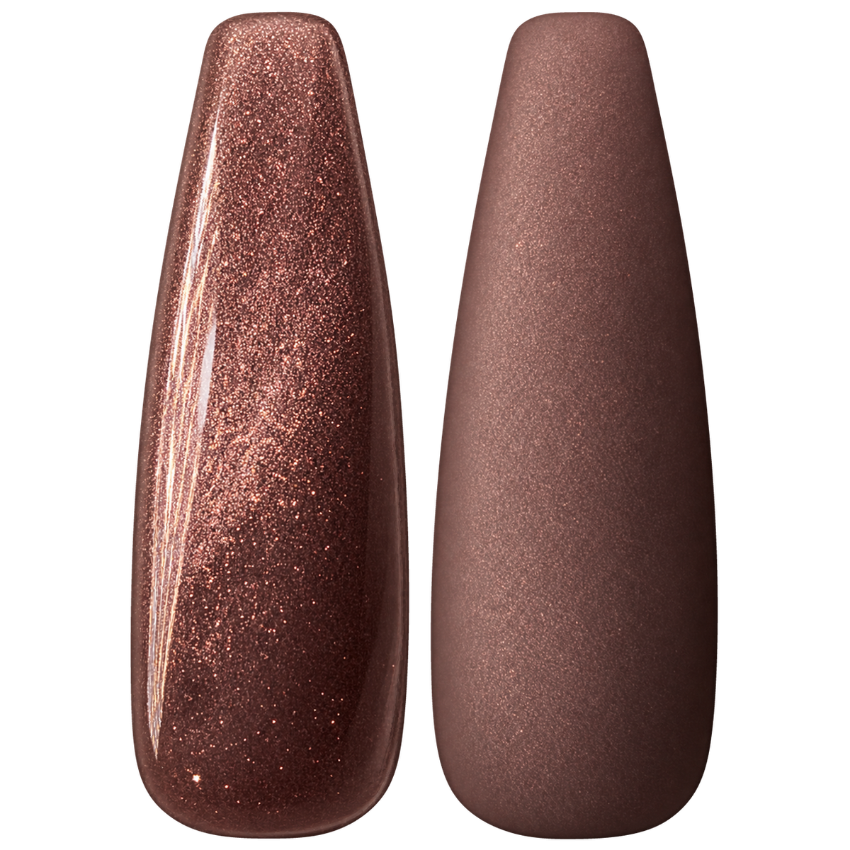 Glossy and matte Warm rose brown nail swatches for BEMI Cat Eye Stardust.